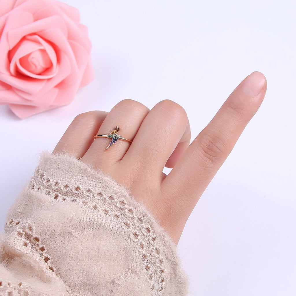 Minimalist 16K Gold plated Lightning Bolt Rainbow Crystal Zirconia CZ Adjustable Ring U-417 - DLUXCA