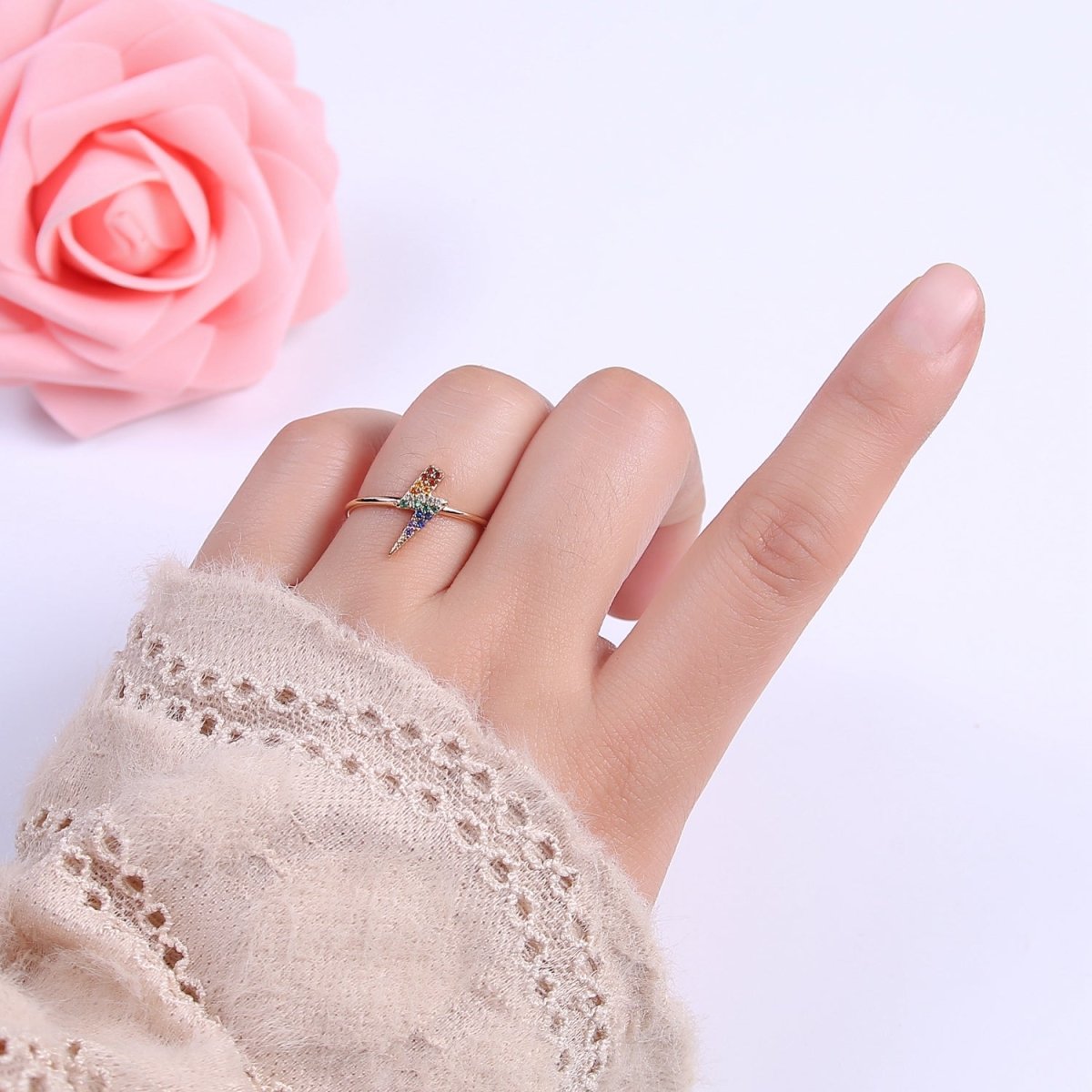 Minimalist 16K Gold plated Lightning Bolt Rainbow Crystal Zirconia CZ Adjustable Ring U-417 - DLUXCA