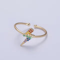 Minimalist 16K Gold plated Lightning Bolt Rainbow Crystal Zirconia CZ Adjustable Ring U-417 - DLUXCA