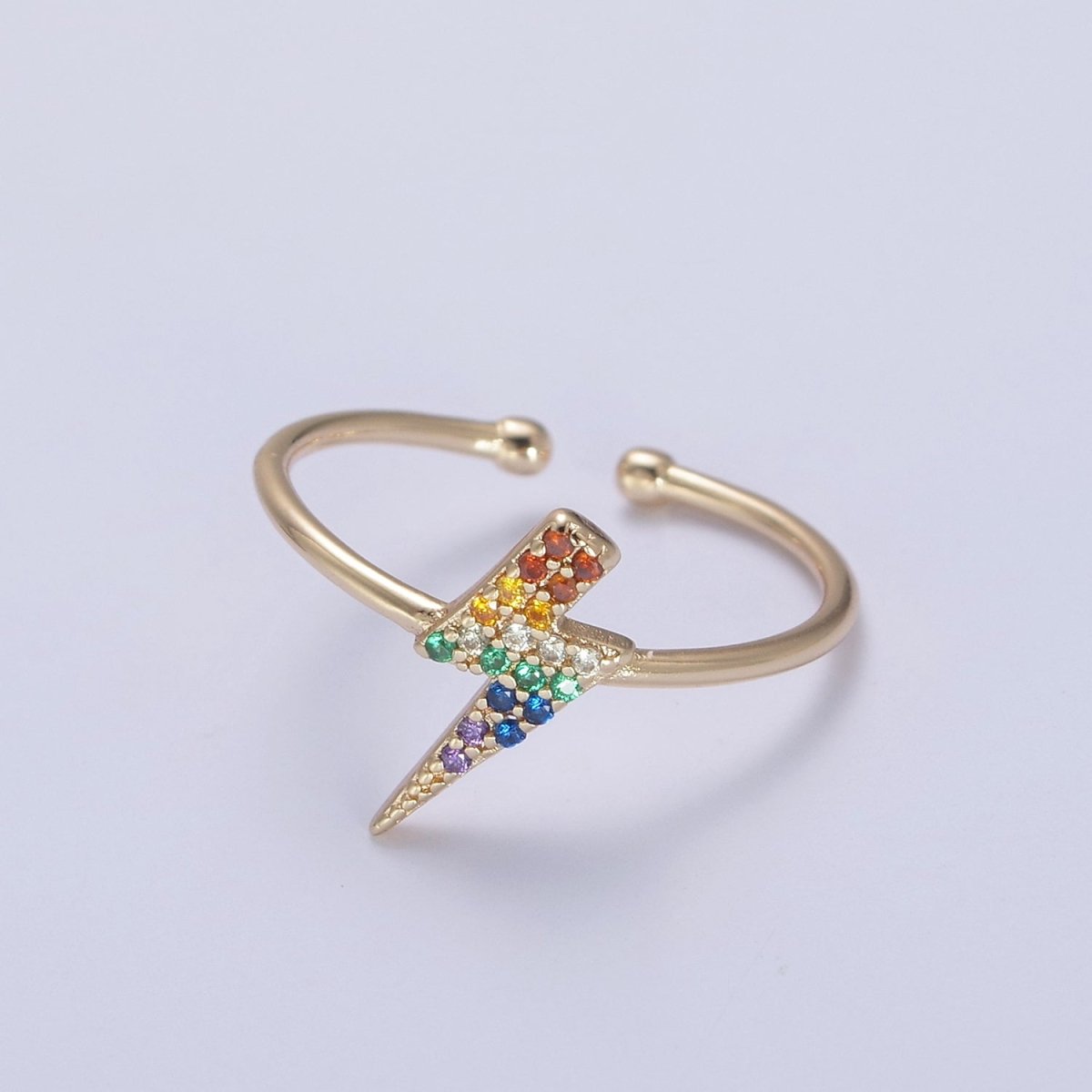 Minimalist 16K Gold plated Lightning Bolt Rainbow Crystal Zirconia CZ Adjustable Ring U-417 - DLUXCA