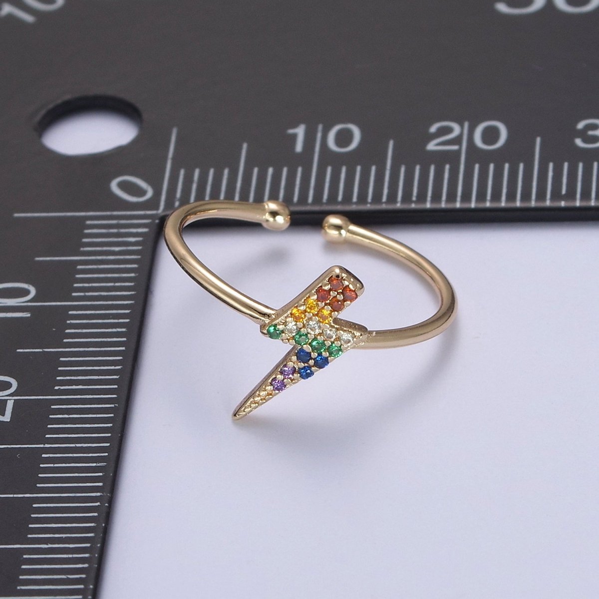 Minimalist 16K Gold plated Lightning Bolt Rainbow Crystal Zirconia CZ Adjustable Ring U-417 - DLUXCA