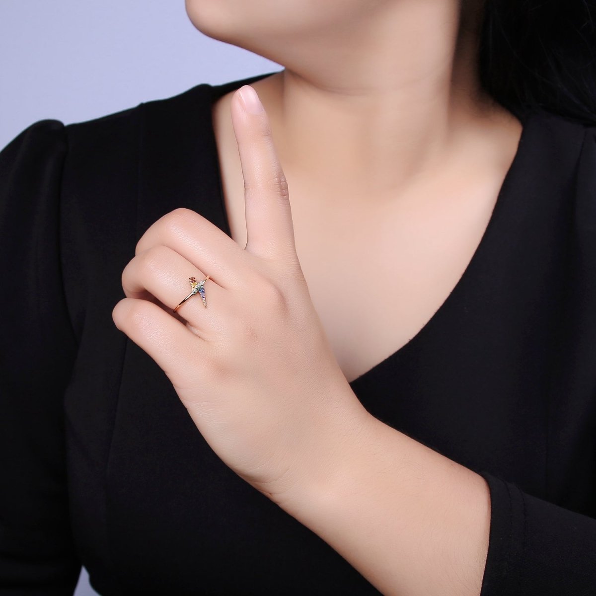 Minimalist 16K Gold plated Lightning Bolt Rainbow Crystal Zirconia CZ Adjustable Ring U-417 - DLUXCA