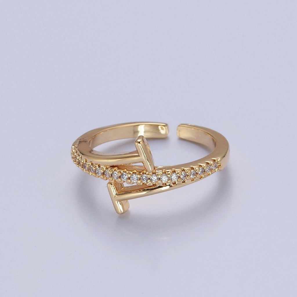 Minimalist 24K Gold plated Micro Pave CZ Open T Ring in Silver & Gold O-2285 O-2286