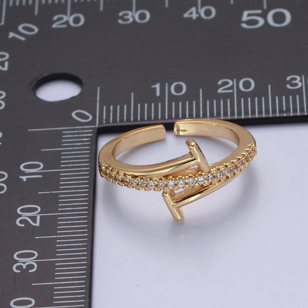Minimalist 24K Gold plated Micro Pave CZ Open T Ring in Silver & Gold O-2285 O-2286