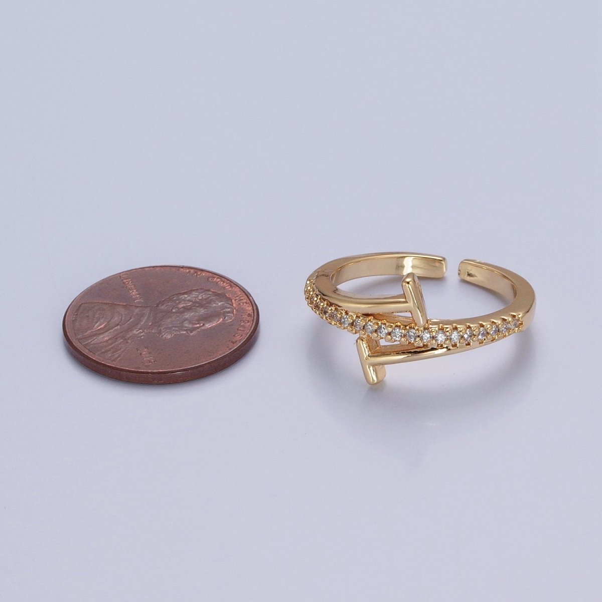 Minimalist 24K Gold plated Micro Pave CZ Open T Ring in Silver & Gold O-2285 O-2286