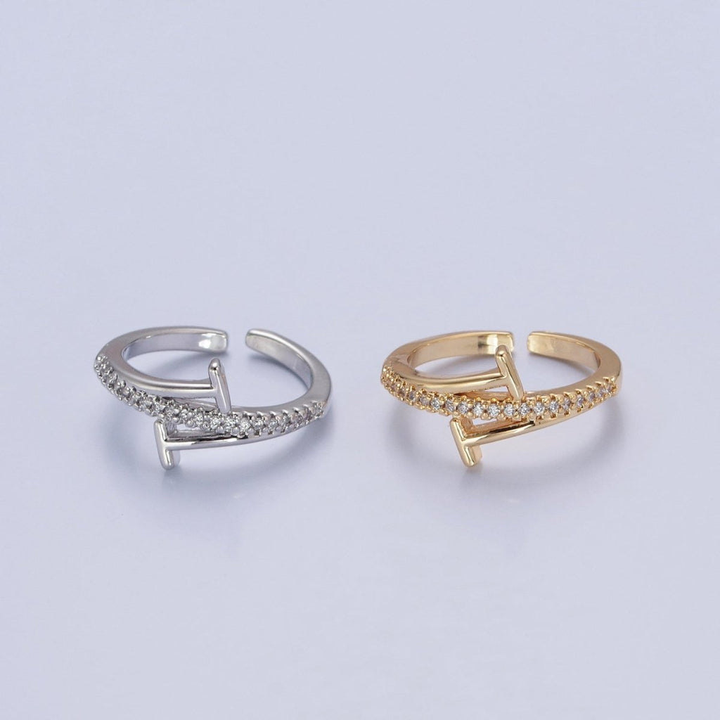 Minimalist 24K Gold plated Micro Pave CZ Open T Ring in Silver & Gold O-2285 O-2286