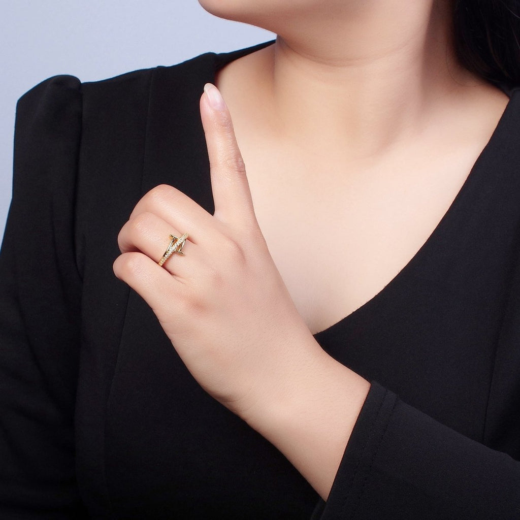 Minimalist 24K Gold plated Micro Pave CZ Open T Ring in Silver & Gold O-2285 O-2286