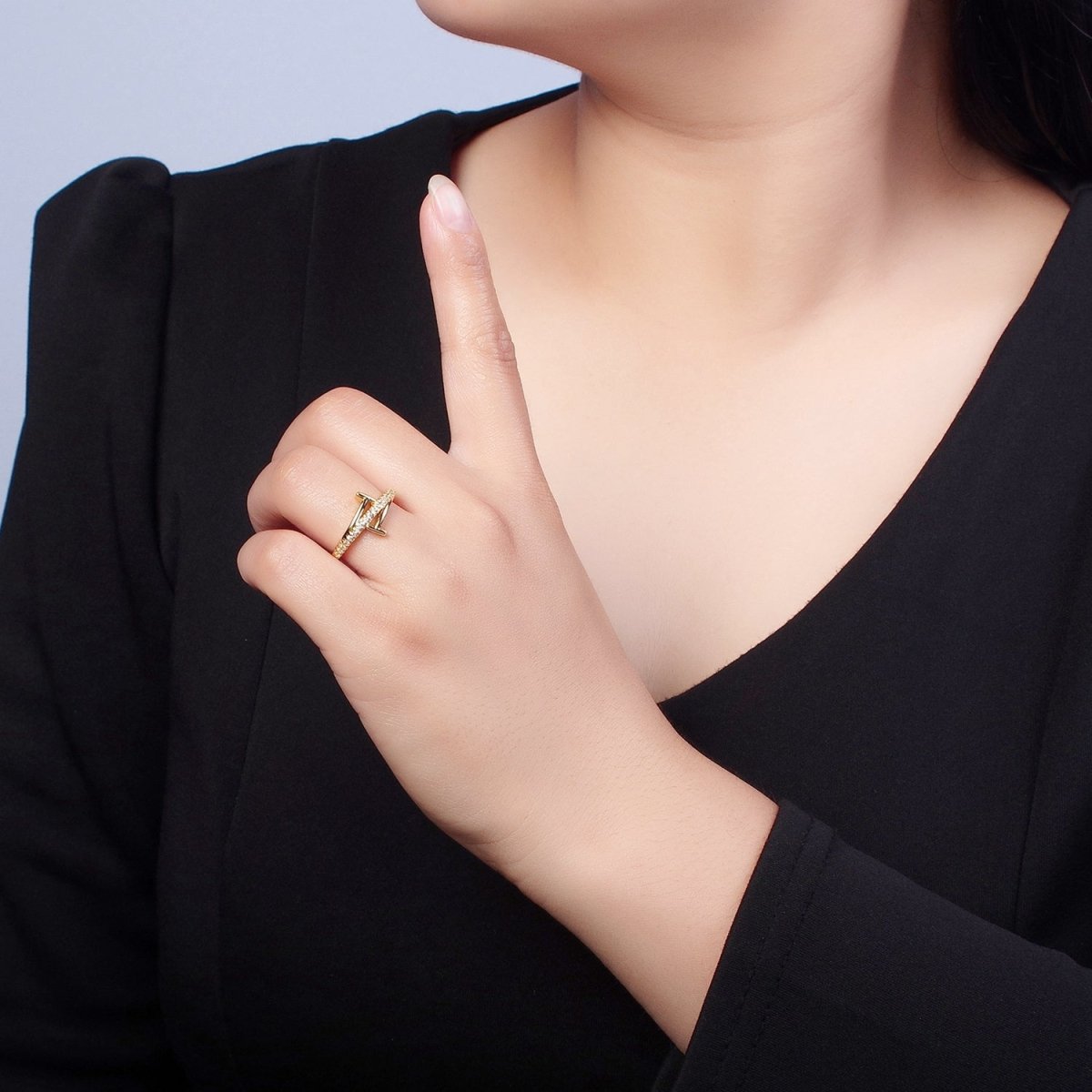 Minimalist 24K Gold plated Micro Pave CZ Open T Ring in Silver & Gold O-2285 O-2286
