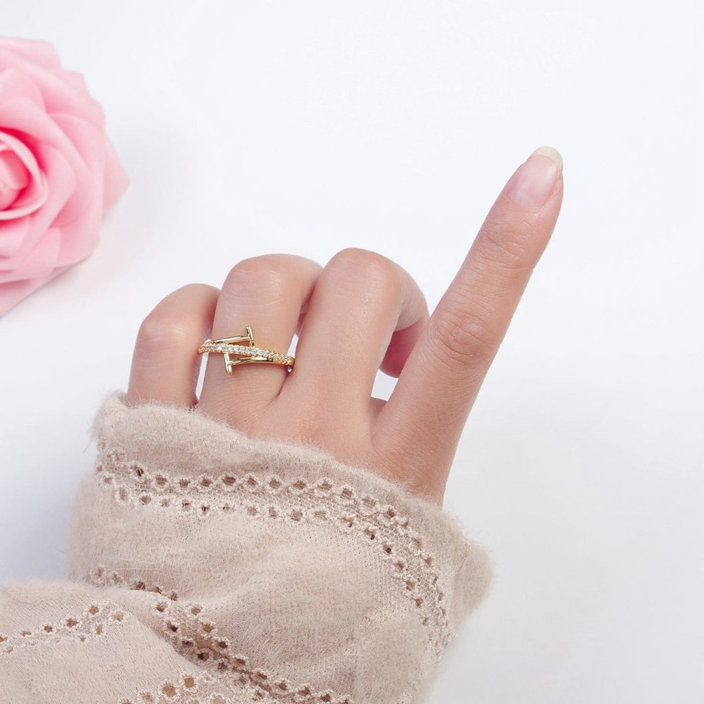 Minimalist 24K Gold plated Micro Pave CZ Open T Ring in Silver & Gold O-2285 O-2286