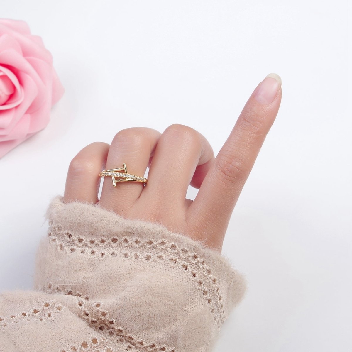 Minimalist 24K Gold plated Micro Pave CZ Open T Ring in Silver & Gold O-2285 O-2286