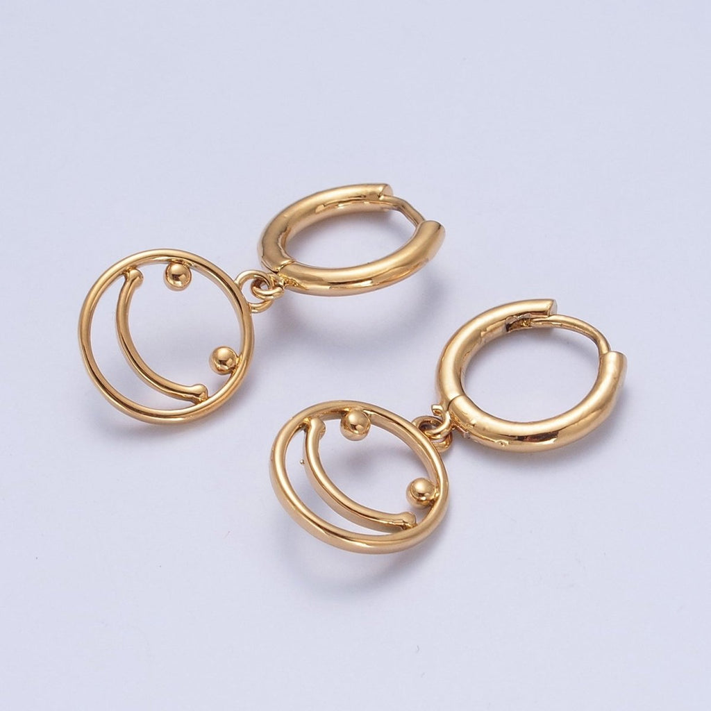 Minimalist 24K Gold plated Open Smiley Face Charm Dangle Drop Huggie Hoop Earrings T-130 - DLUXCA