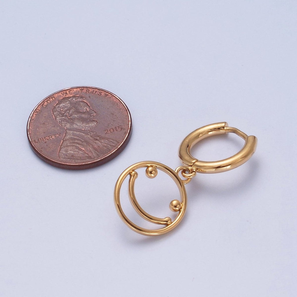 Minimalist 24K Gold plated Open Smiley Face Charm Dangle Drop Huggie Hoop Earrings T-130 - DLUXCA