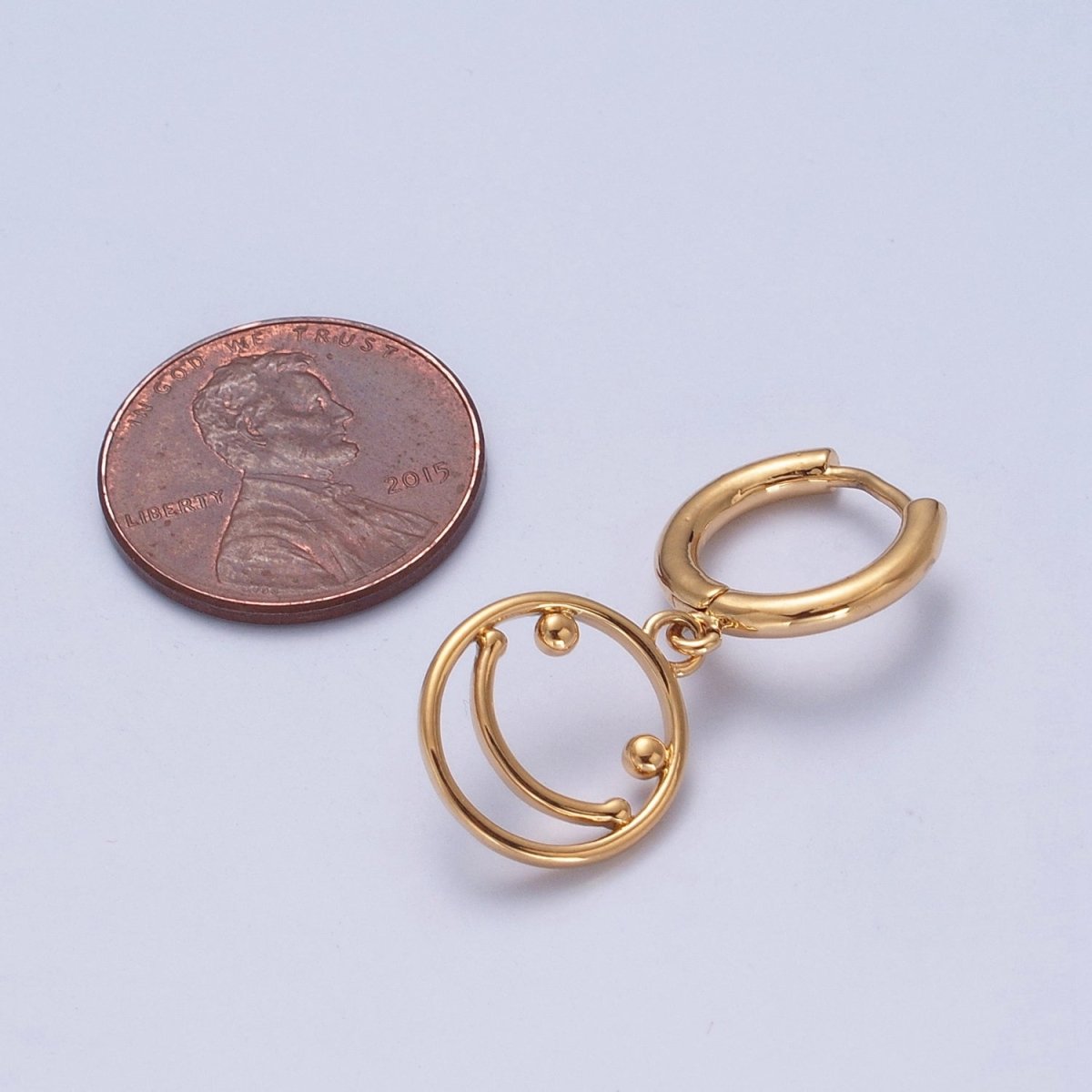 Minimalist 24K Gold plated Open Smiley Face Charm Dangle Drop Huggie Hoop Earrings T-130 - DLUXCA