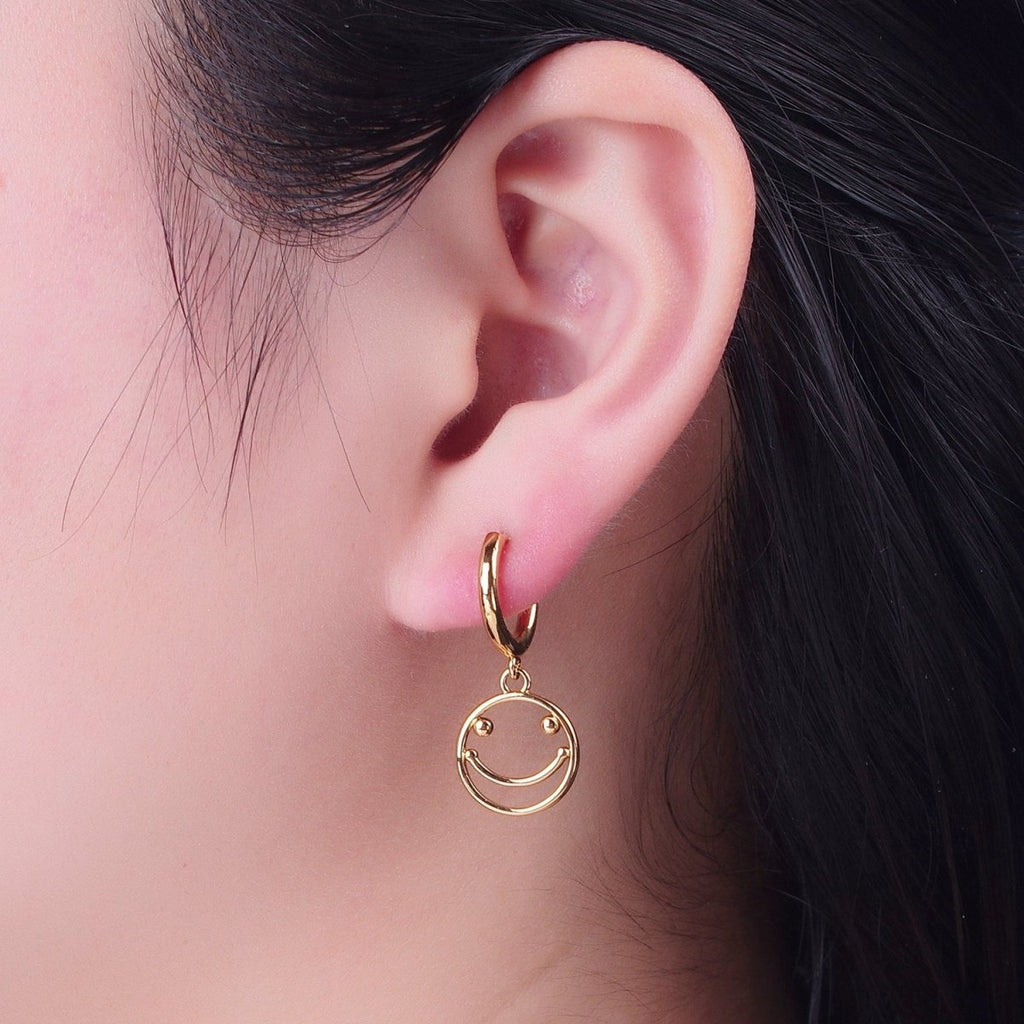 Minimalist 24K Gold plated Open Smiley Face Charm Dangle Drop Huggie Hoop Earrings T-130 - DLUXCA