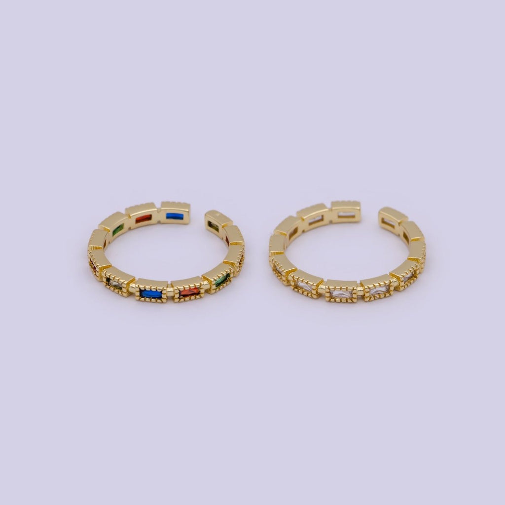 Minimalist 24K Gold plated Rectangle Rainbow/Clear Crystal Zirconia CZ Adjustable Ring | U-390 U-391 - DLUXCA