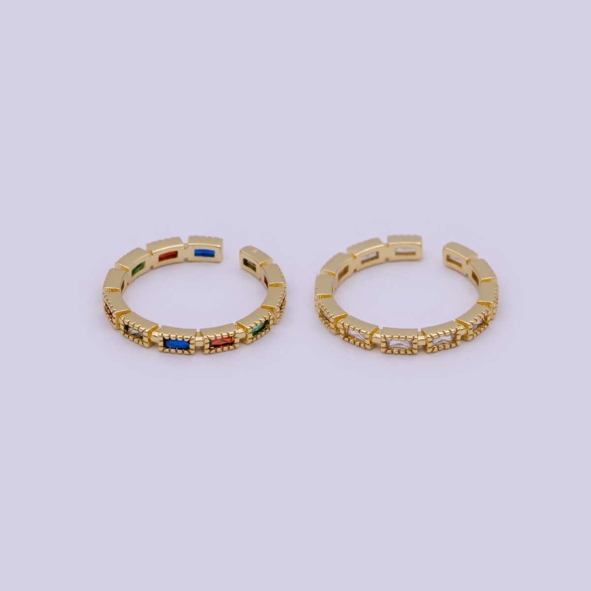 Minimalist 24K Gold plated Rectangle Rainbow/Clear Crystal Zirconia CZ Adjustable Ring | U-390 U-391 - DLUXCA