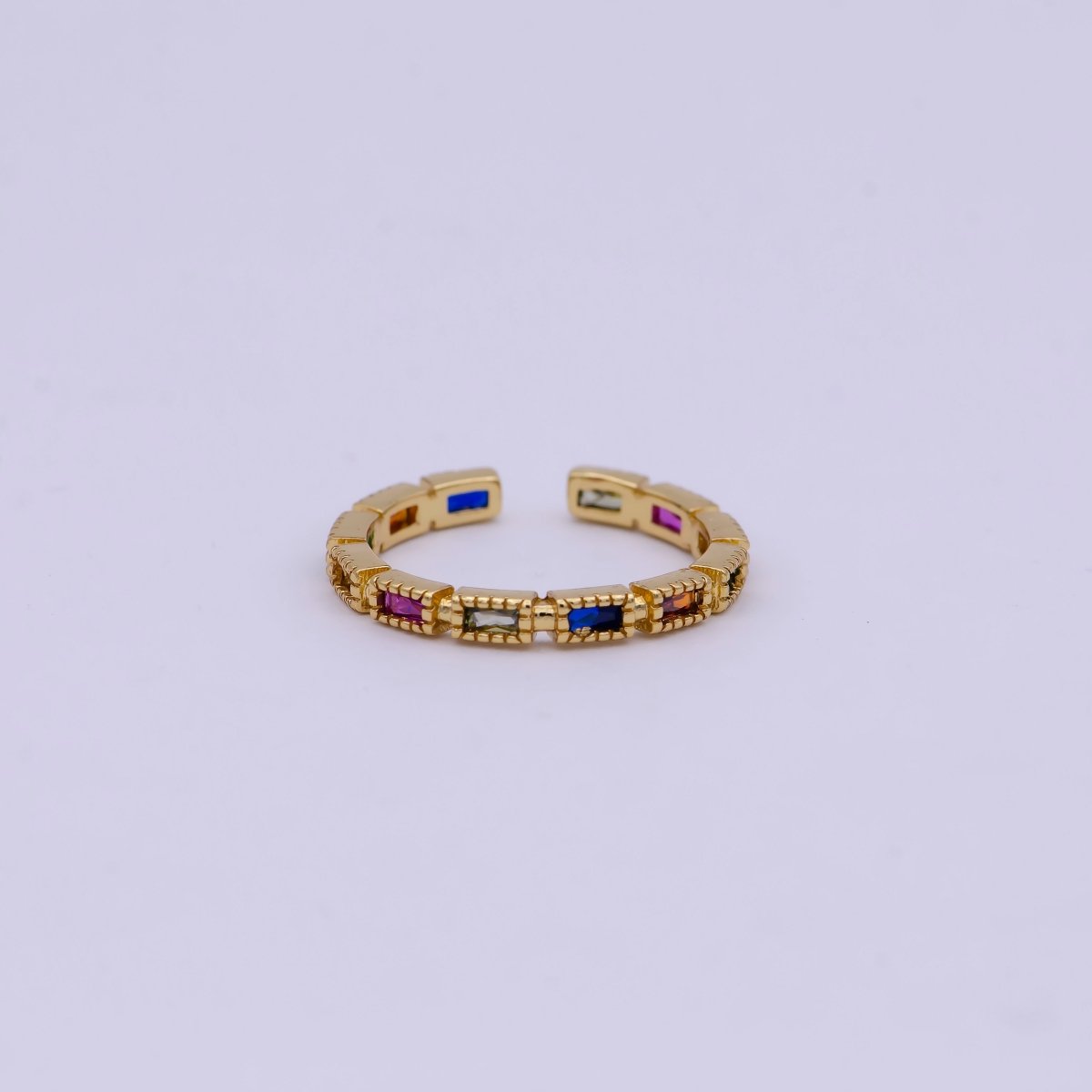 Minimalist 24K Gold plated Rectangle Rainbow/Clear Crystal Zirconia CZ Adjustable Ring | U-390 U-391 - DLUXCA