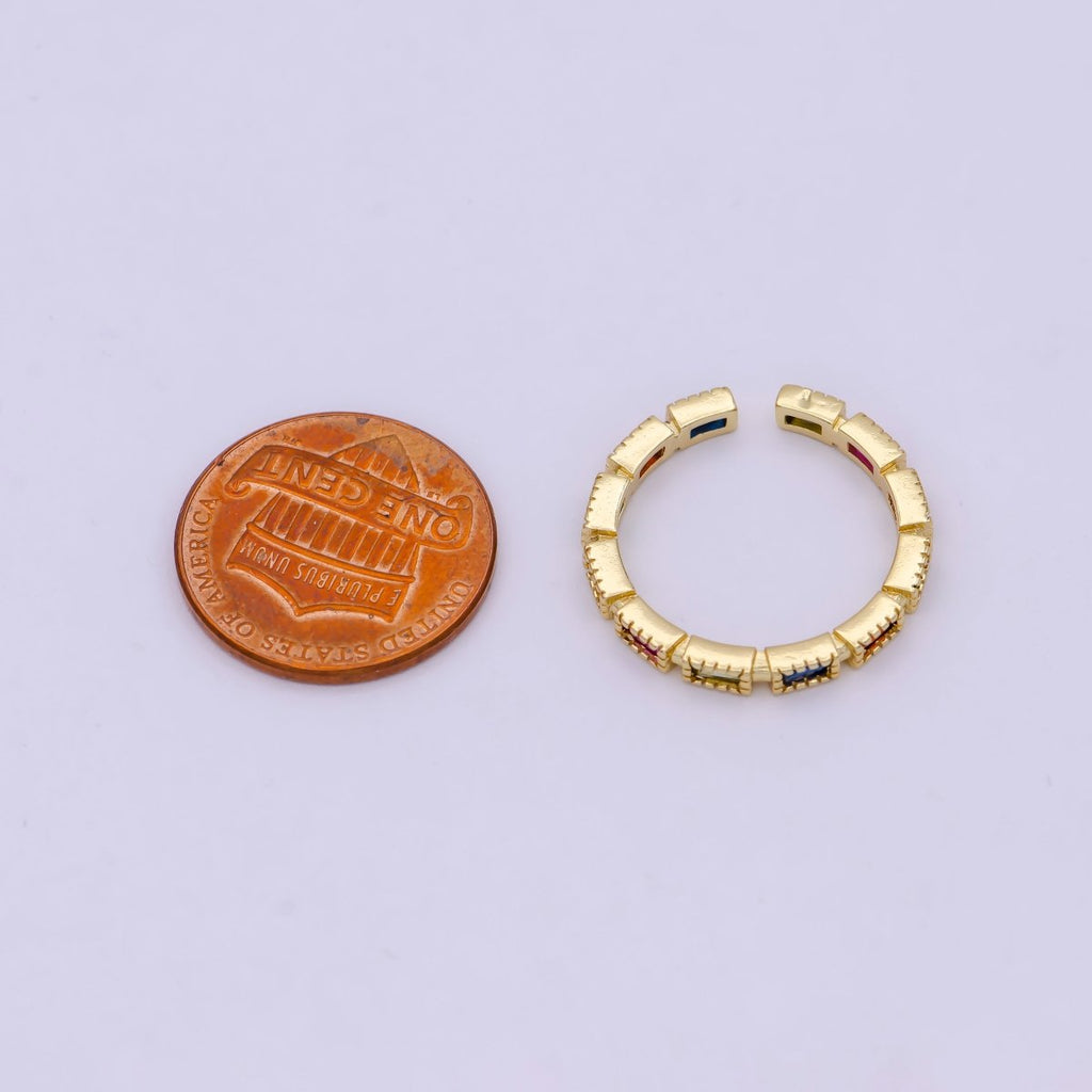 Minimalist 24K Gold plated Rectangle Rainbow/Clear Crystal Zirconia CZ Adjustable Ring | U-390 U-391 - DLUXCA