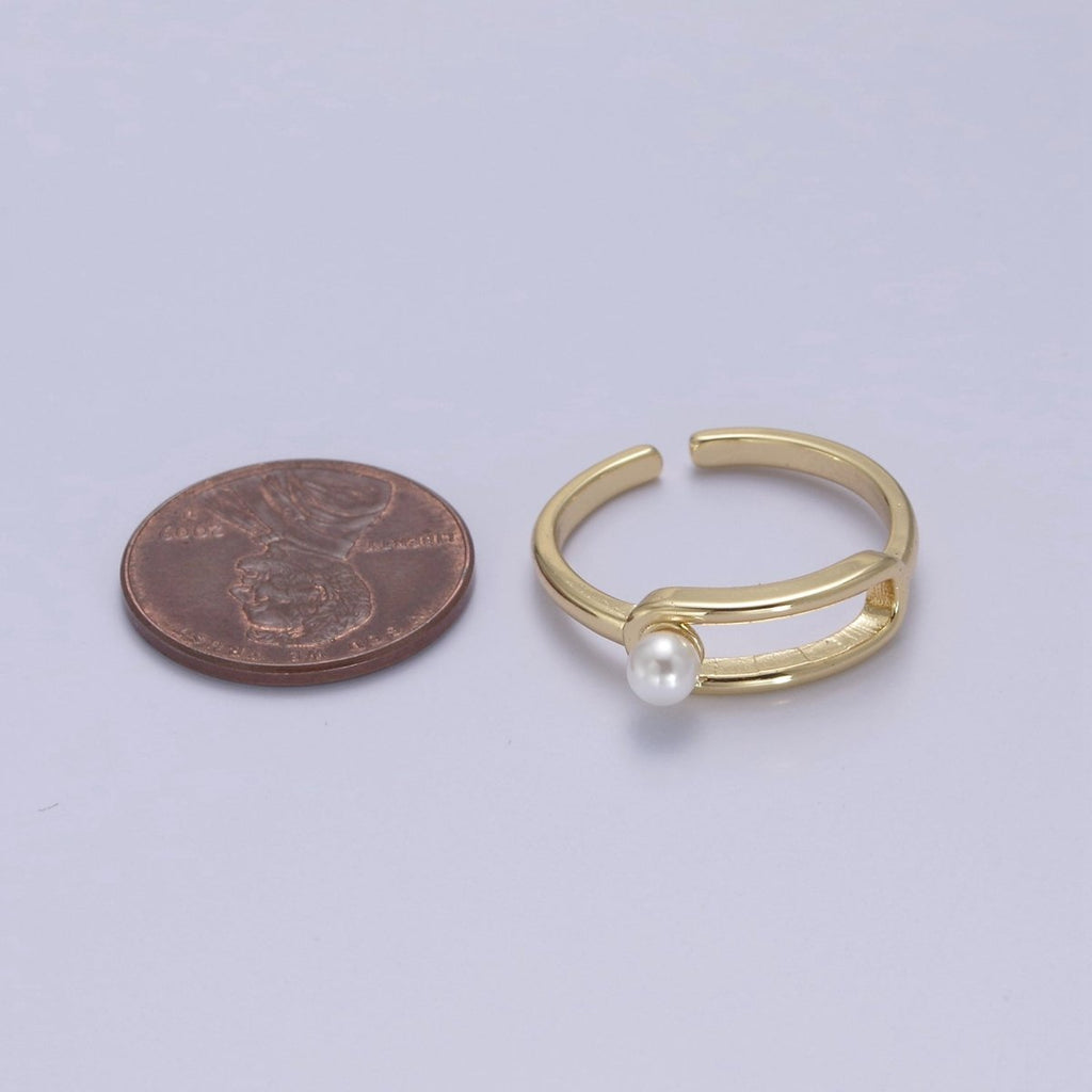 Minimalist 24K Gold plated White Pearl Ring, Double Belt Buckle Adjustable Ring in Gold & Silver S-348