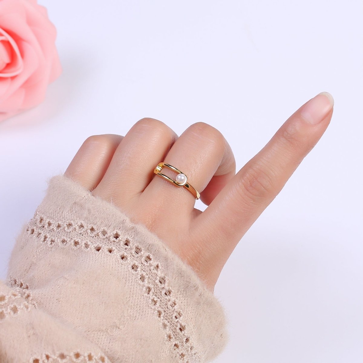 Minimalist 24K Gold plated White Pearl Ring, Double Belt Buckle Adjustable Ring in Gold & Silver S-348
