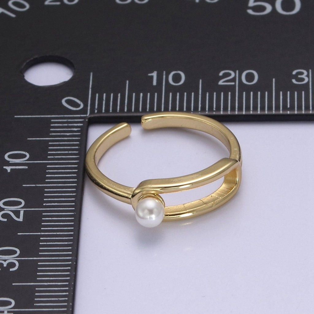 Minimalist 24K Gold plated White Pearl Ring, Double Belt Buckle Adjustable Ring in Gold & Silver S-348
