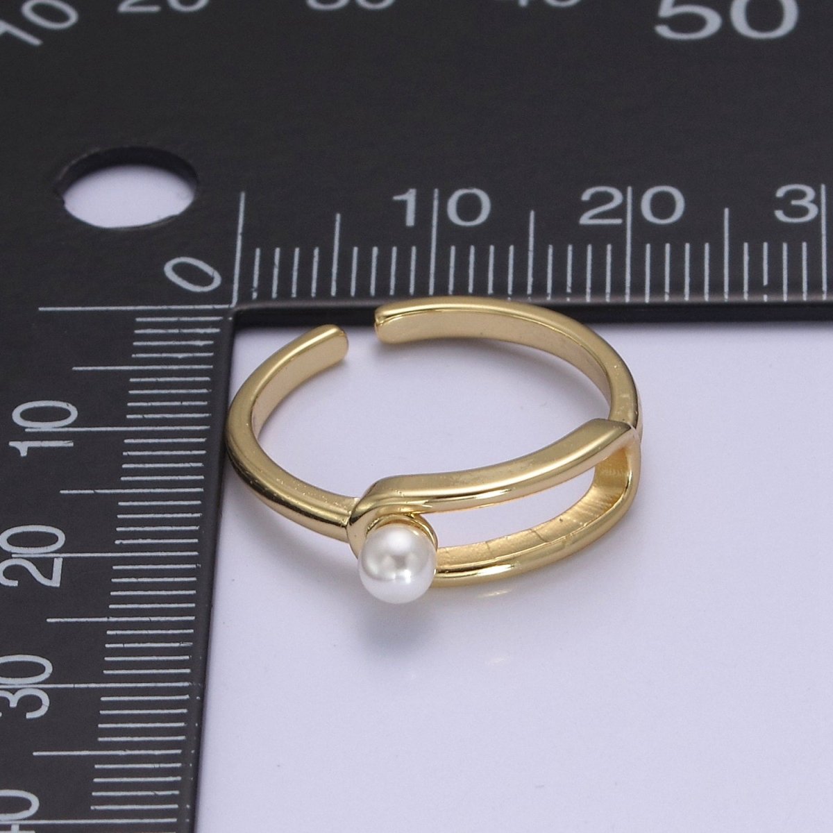 Minimalist 24K Gold plated White Pearl Ring, Double Belt Buckle Adjustable Ring in Gold & Silver S-348