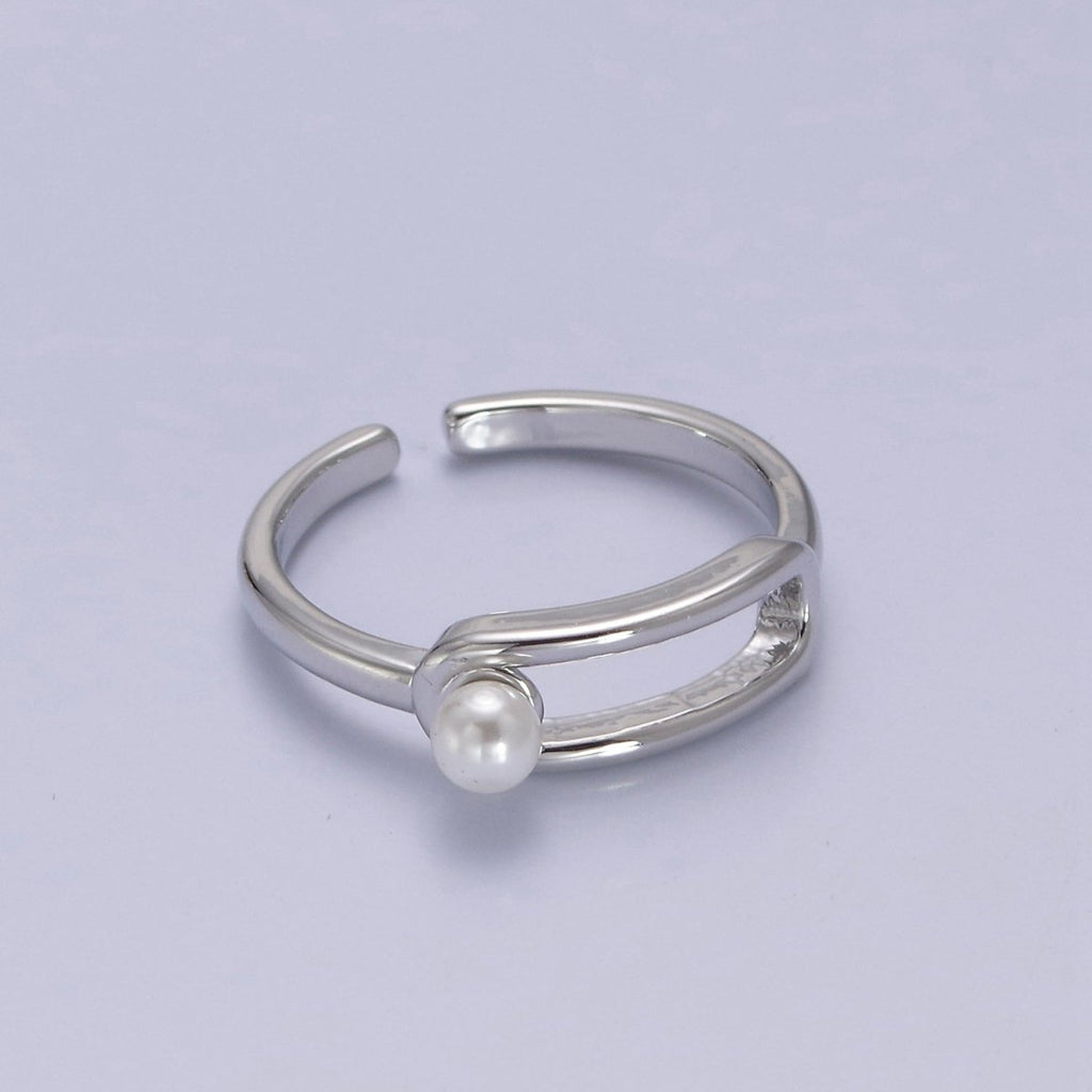 Minimalist 24K Gold plated White Pearl Ring, Double Belt Buckle Adjustable Ring in Gold & Silver S-348