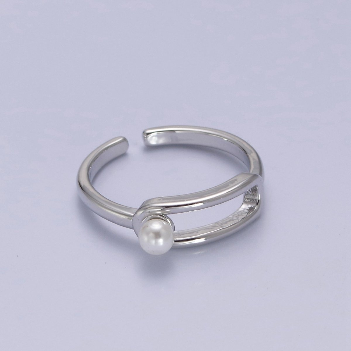Minimalist 24K Gold plated White Pearl Ring, Double Belt Buckle Adjustable Ring in Gold & Silver S-348