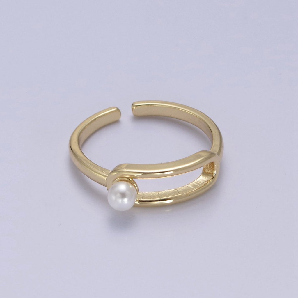 Minimalist 24K Gold plated White Pearl Ring, Double Belt Buckle Adjustable Ring in Gold & Silver S-348