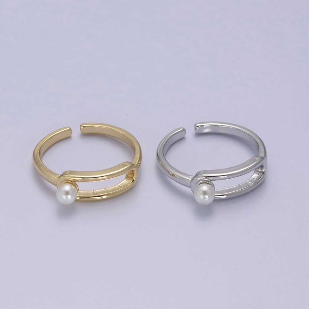 Minimalist 24K Gold plated White Pearl Ring, Double Belt Buckle Adjustable Ring in Gold & Silver S-348