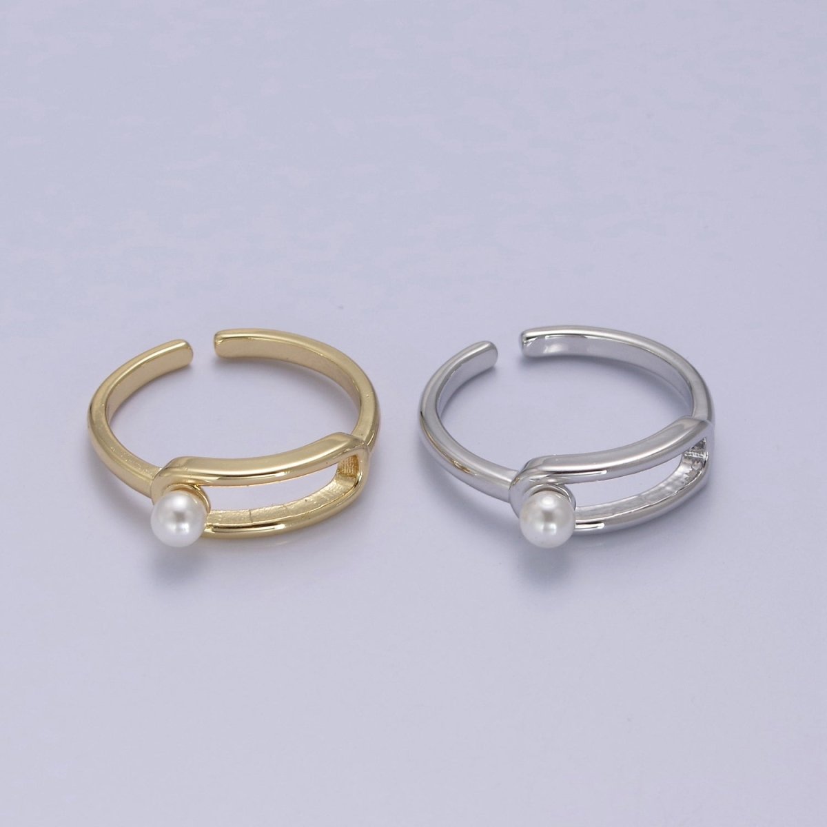 Minimalist 24K Gold plated White Pearl Ring, Double Belt Buckle Adjustable Ring in Gold & Silver S-348