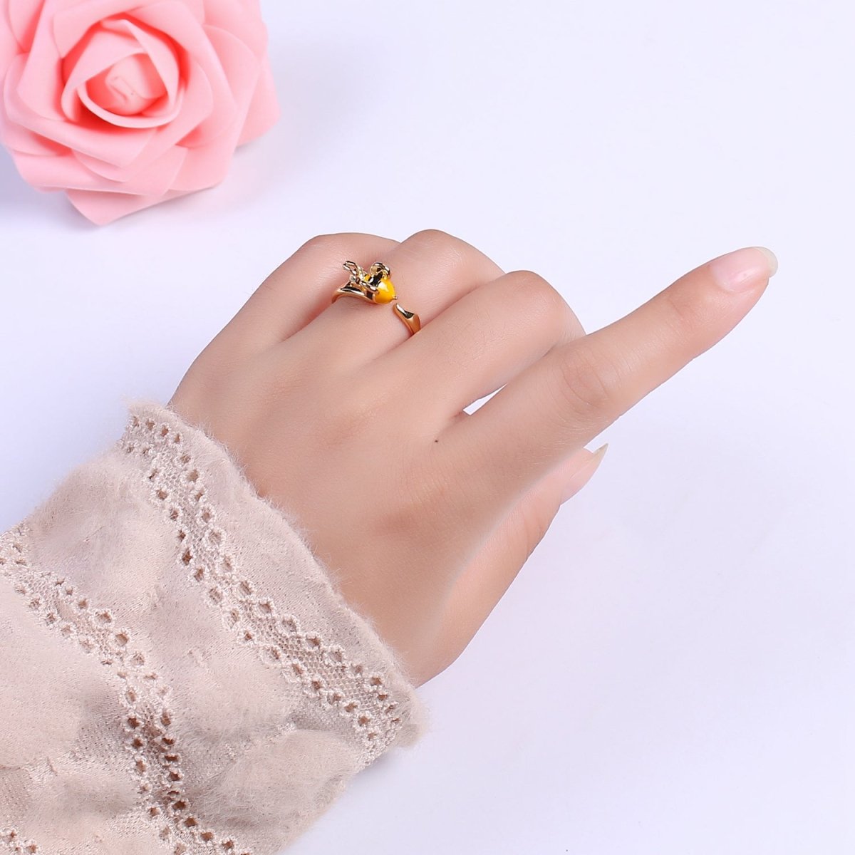 Minimalist Bee Ring, Gold plated Ring for Women, Dainty Open Adjustable Ring, Simple Bumble Bee Jewelry Gift, Unique Statement Ring U-018 - DLUXCA