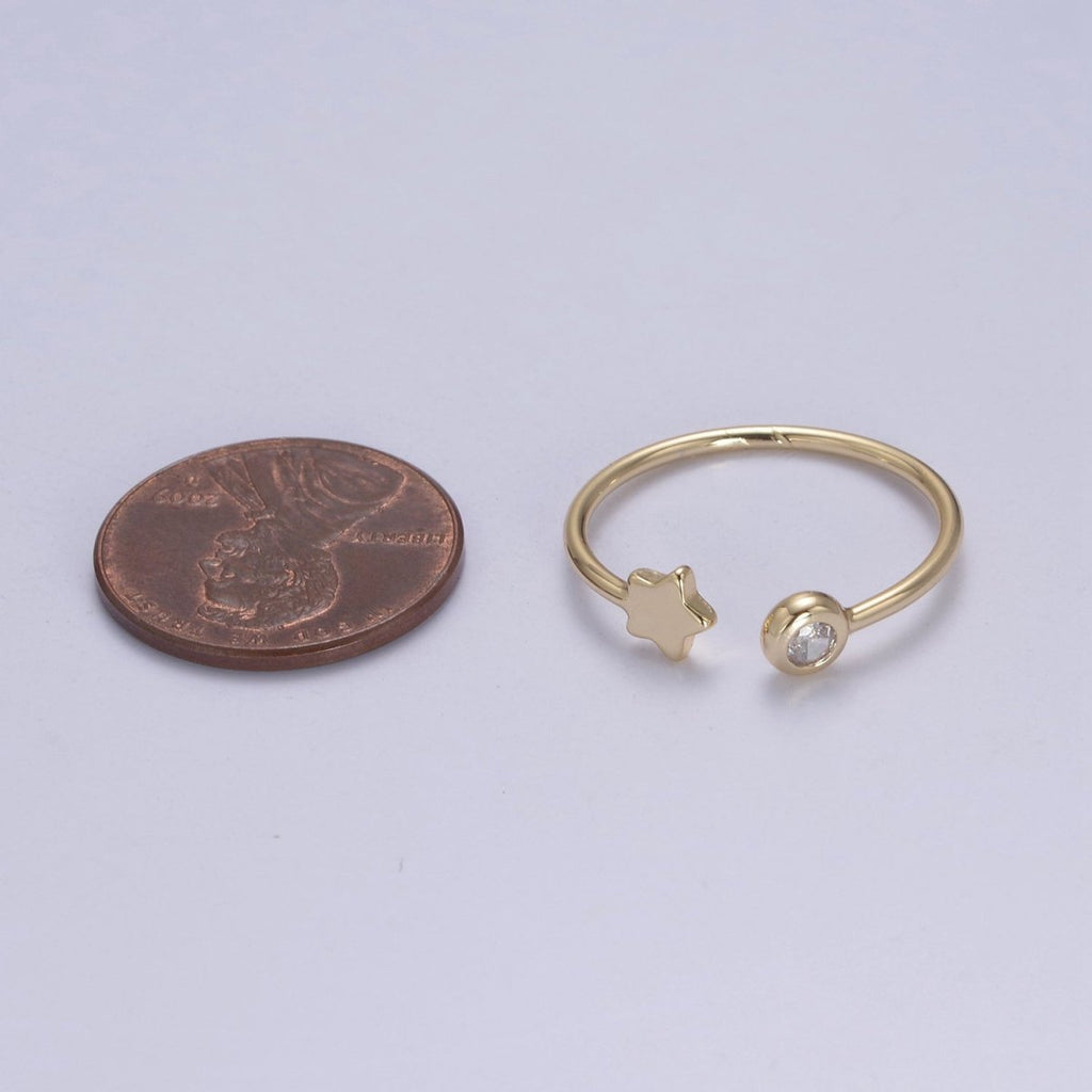Minimalist Crystal Zirconia CZ, 16K Gold plated Geometric Star Open Open Adjustable Ring U-344 - DLUXCA