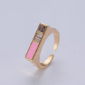 Minimalist Gold Baguette Cubic Zirconia Baguette & Enamel Flat Bar Adjustable Ring O-327 O-350 - DLUXCA