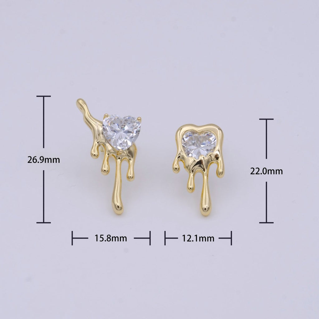 Minimalist Gold Dripping Heart Clear CZ Stud Earrings | Y-282 - DLUXCA
