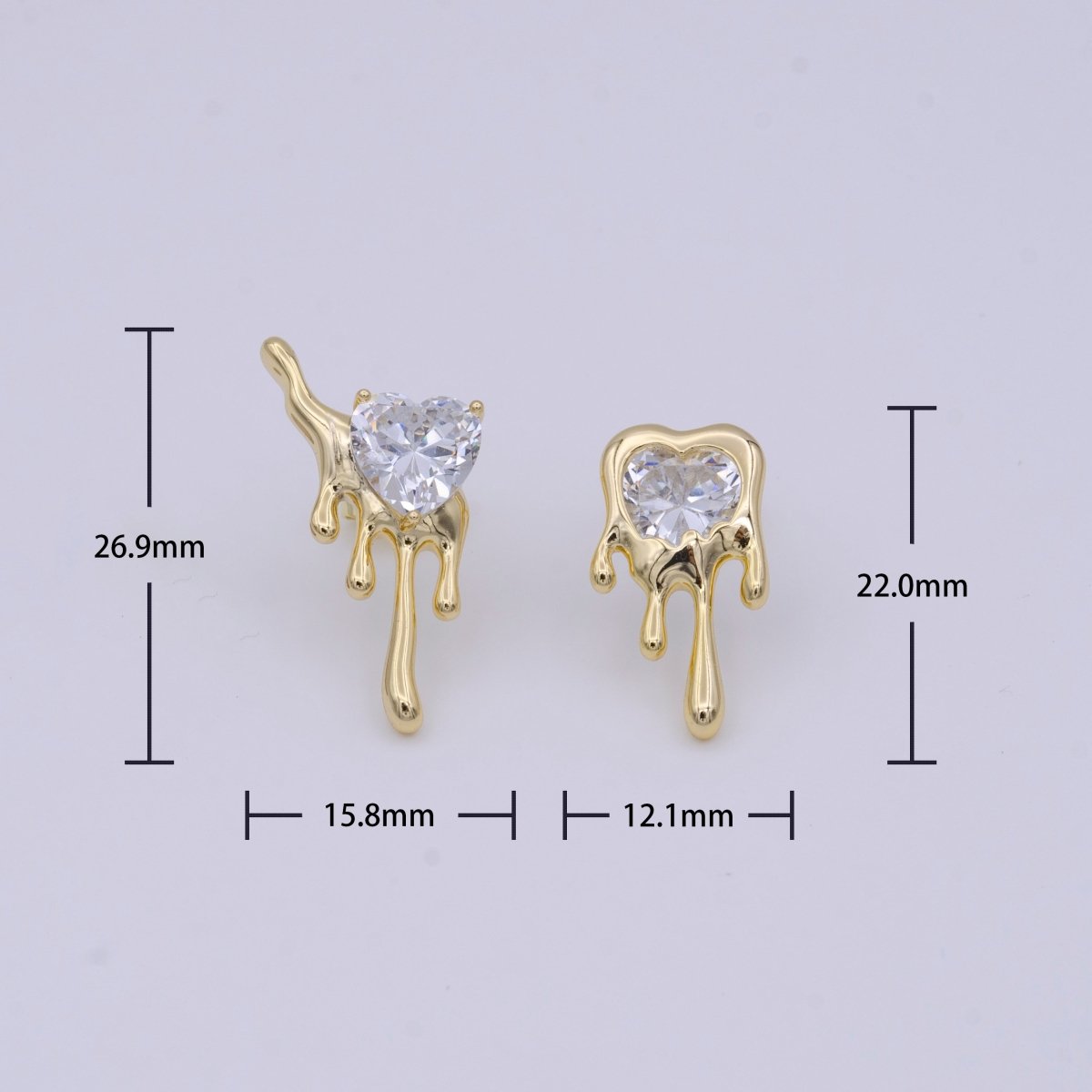 Minimalist Gold Dripping Heart Clear CZ Stud Earrings | Y-282 - DLUXCA