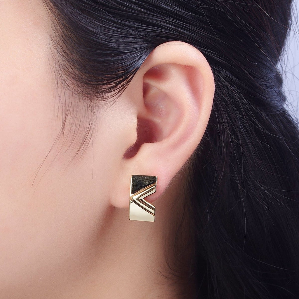 Minimalist Gold plated V Arrow Wide Latch Lever Back Earrings T-137 - DLUXCA