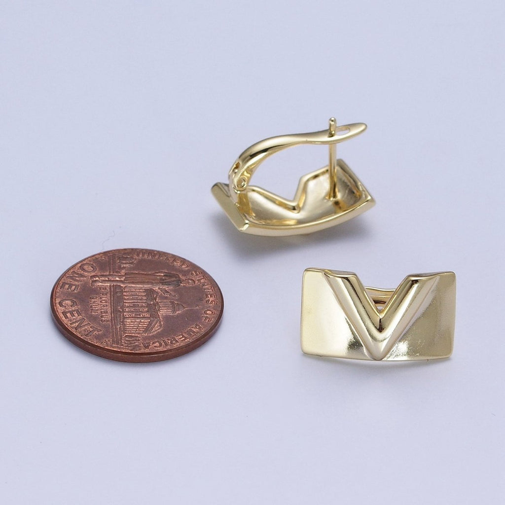 Minimalist Gold plated V Arrow Wide Latch Lever Back Earrings T-137 - DLUXCA