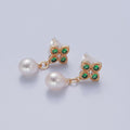 Minimalist Green Emerald CZ Drop Stud Earring With Pearl V-376 - DLUXCA