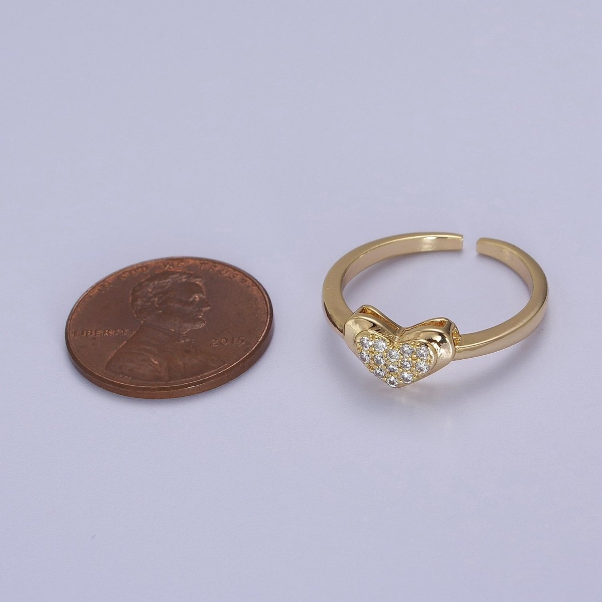 Minimalist Heart Ring, Gold plated Stacking Ring, CZ Heart Ring Open Adjustable S-531 - DLUXCA