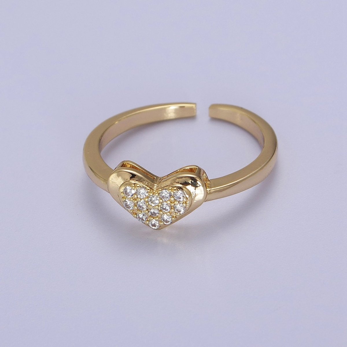Minimalist Heart Ring, Gold plated Stacking Ring, CZ Heart Ring Open Adjustable S-531 - DLUXCA