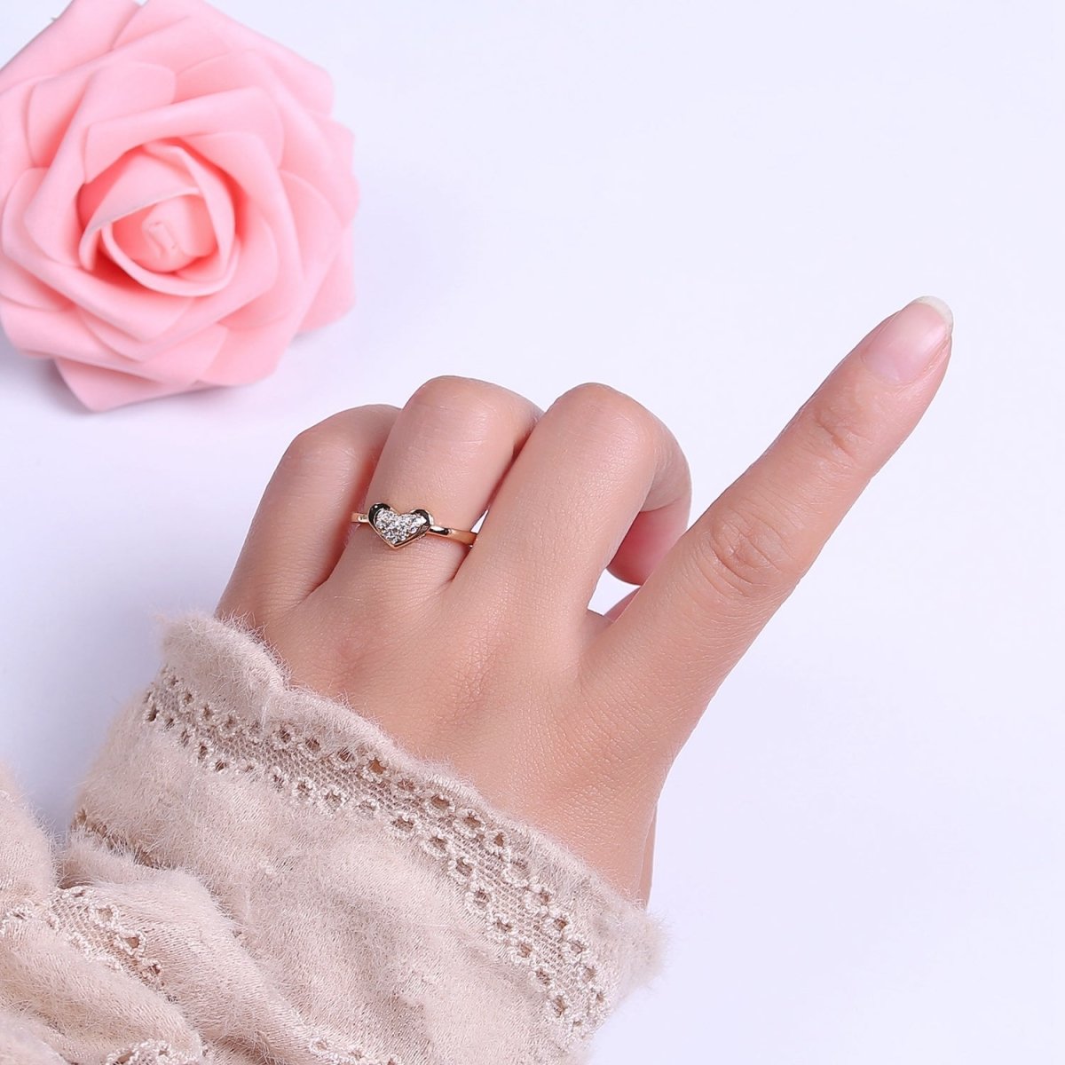 Minimalist Heart Ring, Gold plated Stacking Ring, CZ Heart Ring Open Adjustable S-531 - DLUXCA
