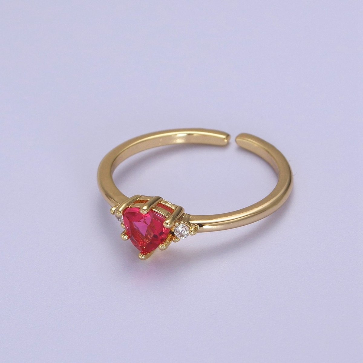 Minimalist Heart Ring, Gold plated Stacking Ring, Pink CZ Heart Ring Open Adjustable S-532 - DLUXCA