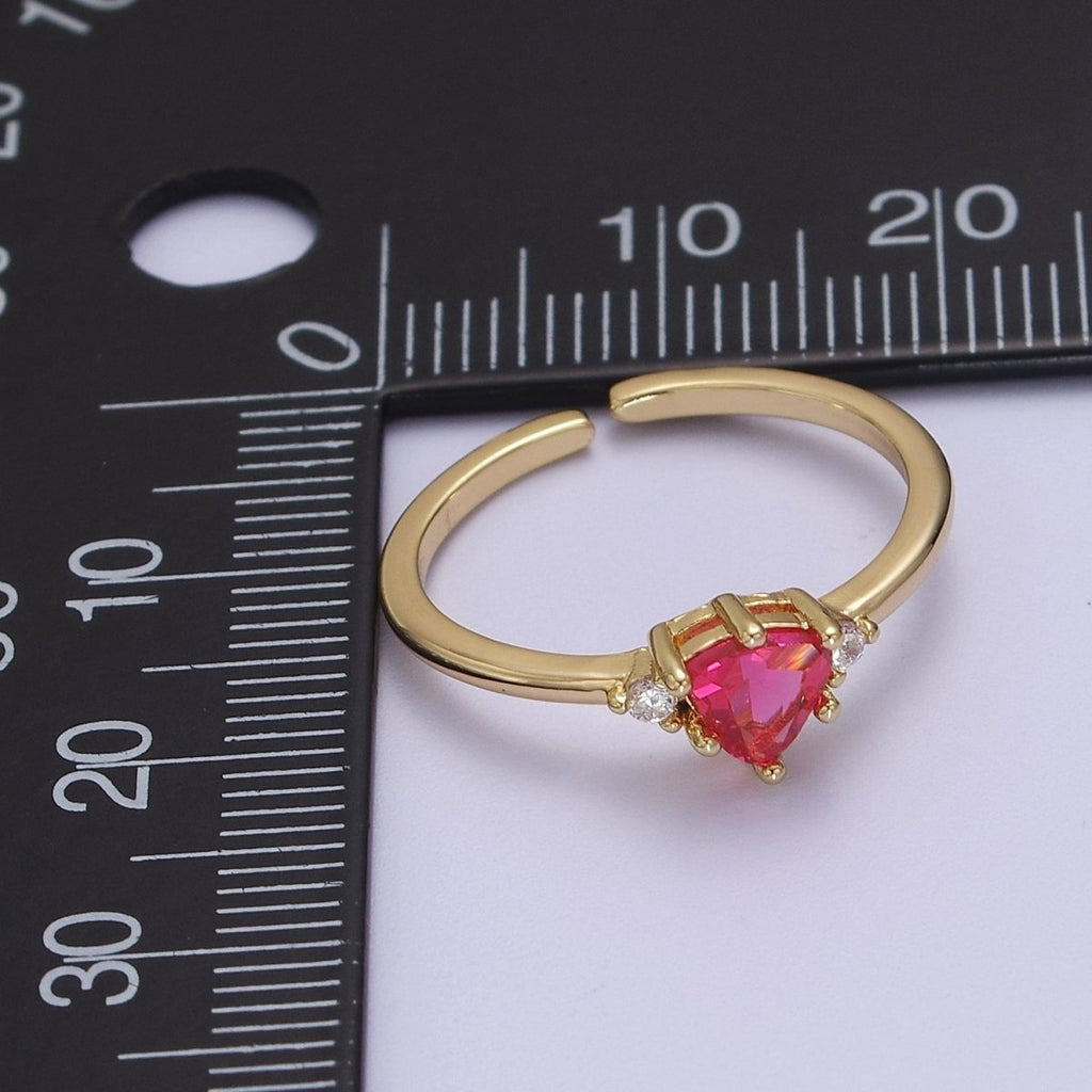 Minimalist Heart Ring, Gold plated Stacking Ring, Pink CZ Heart Ring Open Adjustable S-532 - DLUXCA