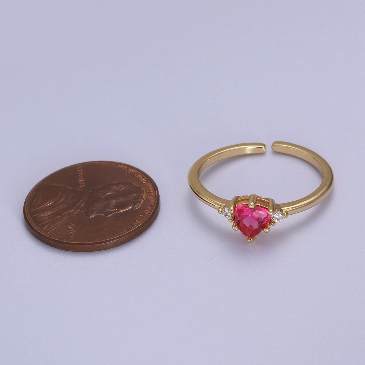 Minimalist Heart Ring, Gold plated Stacking Ring, Pink CZ Heart Ring Open Adjustable S-532 - DLUXCA