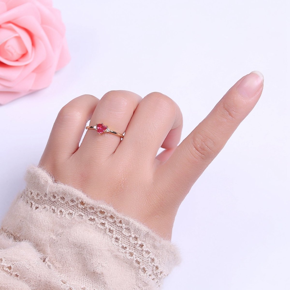 Minimalist Heart Ring, Gold plated Stacking Ring, Pink CZ Heart Ring Open Adjustable S-532 - DLUXCA