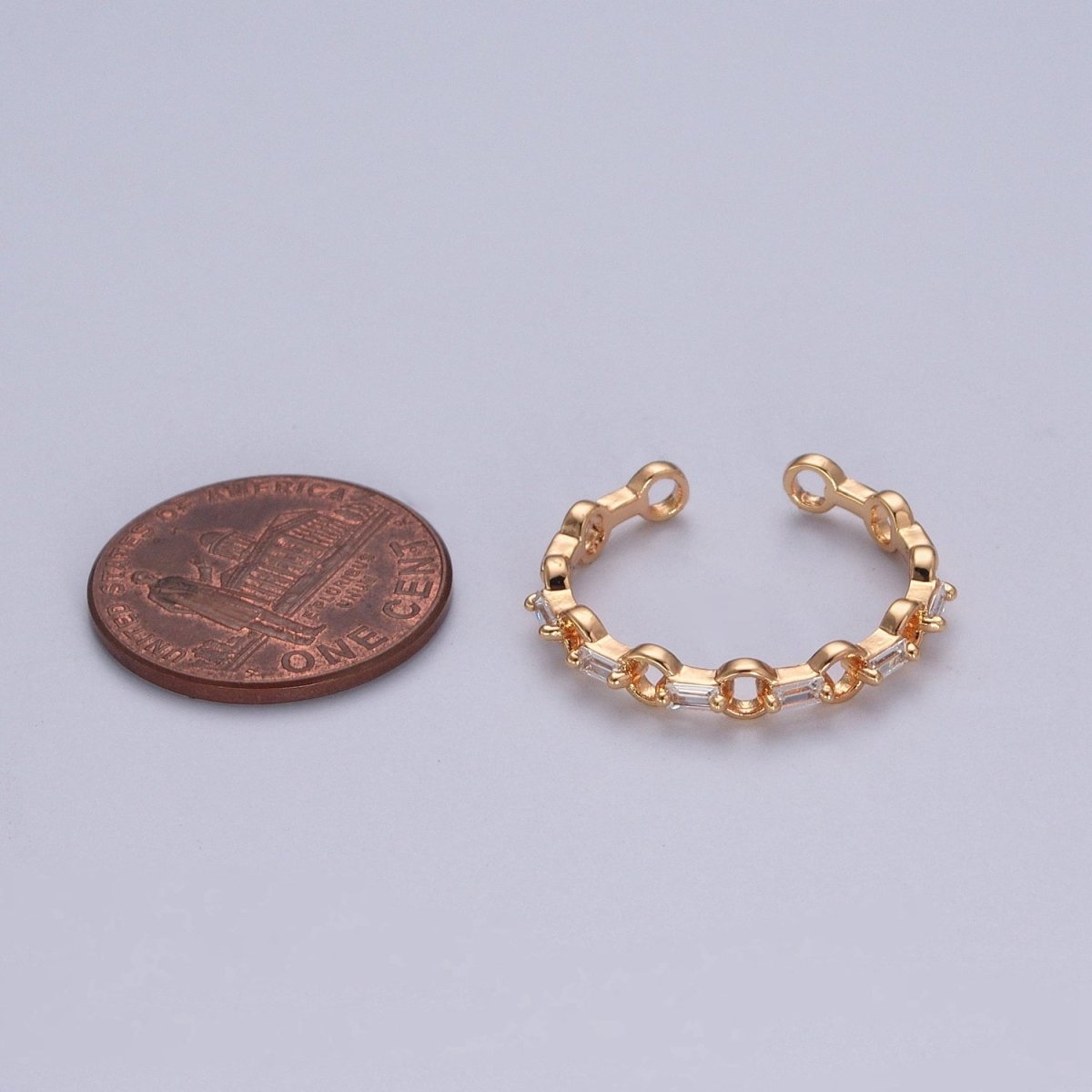 Minimalist Rolo Chain Link & Clear Baguette Cubic Zirconia Gold Adjustable Ring R-510 - DLUXCA