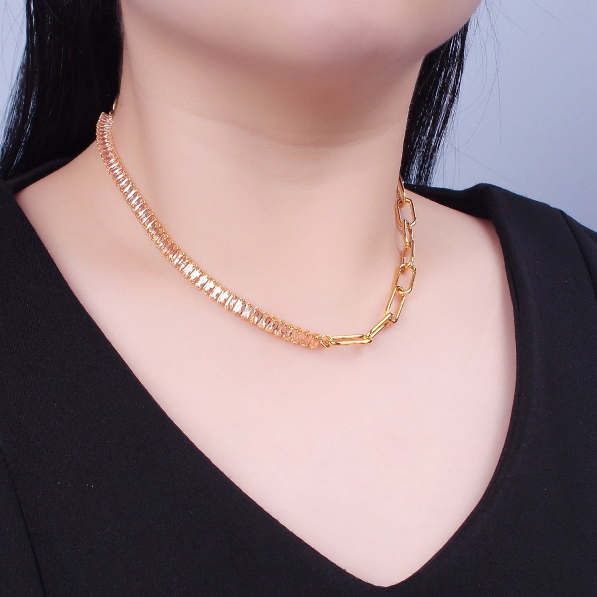 Minimalist Tennis Baguette Necklace 24k gold plated CZ paperclip chain necklace, large link tennis chain | WA-947 WA-948 Clearance Pricing
