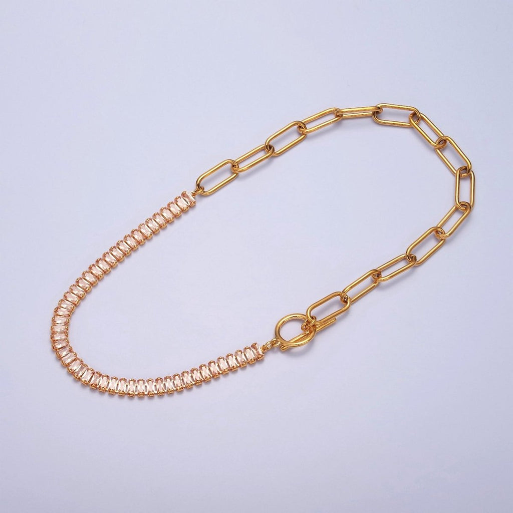 Minimalist Tennis Baguette Necklace 24k gold plated CZ paperclip chain necklace, large link tennis chain | WA-947 WA-948 Clearance Pricing