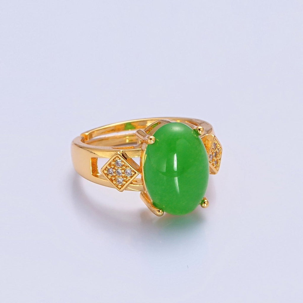 Minimalist Thick Band Micro Pave Rhombus with Oval Green Jade O-764 - DLUXCA